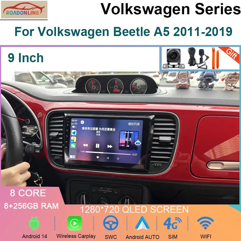 9 POLLICI 8 + 256GB Android 14 Autoradio Per Volkswagen Beetle A5 2011-2019 Lettore Video Multimediale di Navigazione stereo Carplay GPS + WIFI