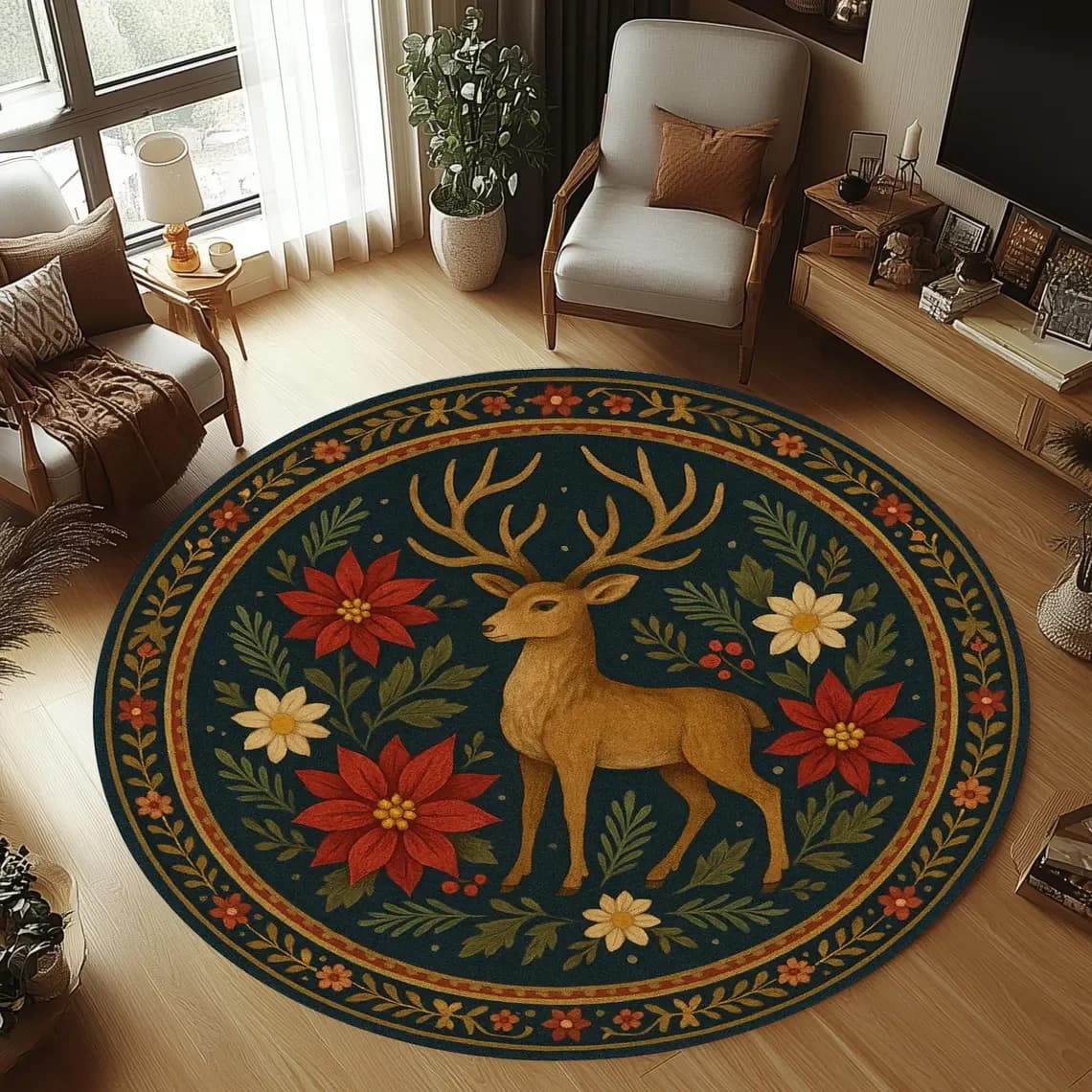 Tappeto rotondo con cervo di Natale, soggiorno, camera da letto, tappetino, atmosfera festosa, albero di Natale, tappeto per la casa