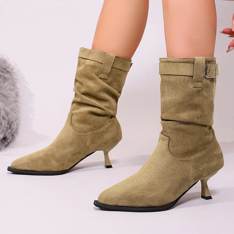 Fashion Women's Pleated High Heels Ankle Boots 2026 Autumn Faux Suede Thin Heeled Short Boots Woman Pointed Toe Cowboy Shoes