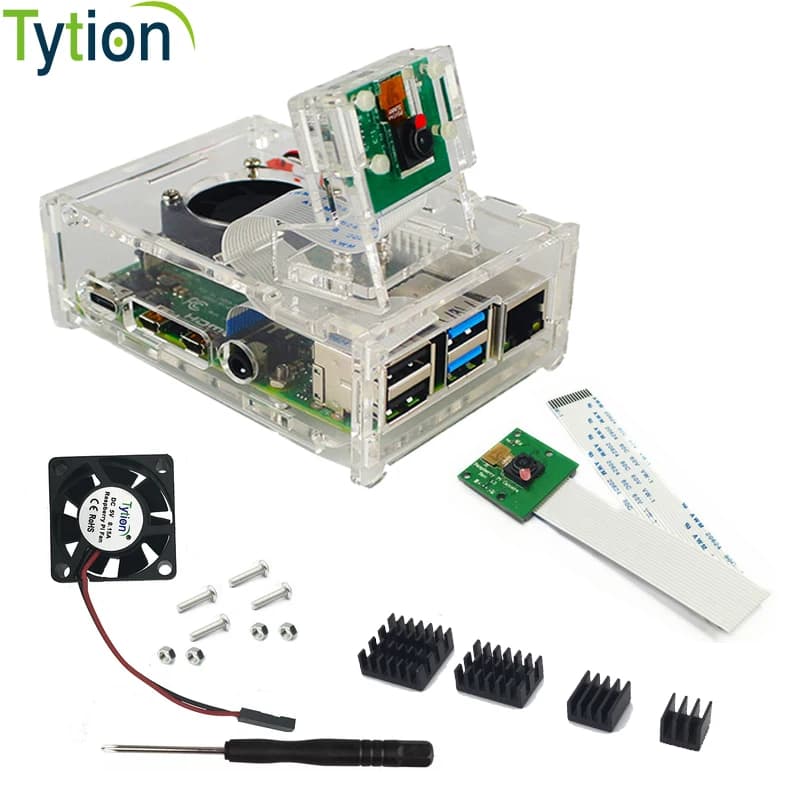 Raspberry Pi 4 B housing that supports camera installation with heat sinks + camera housing support + cooling fan + acrylic case + camera