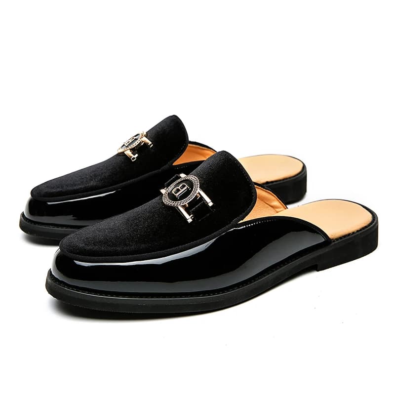 2026 New Fashion Men Half Slippers Suede Patchwork Casual Metal Buckle Mules Moccasins Breathable Driving Shoes