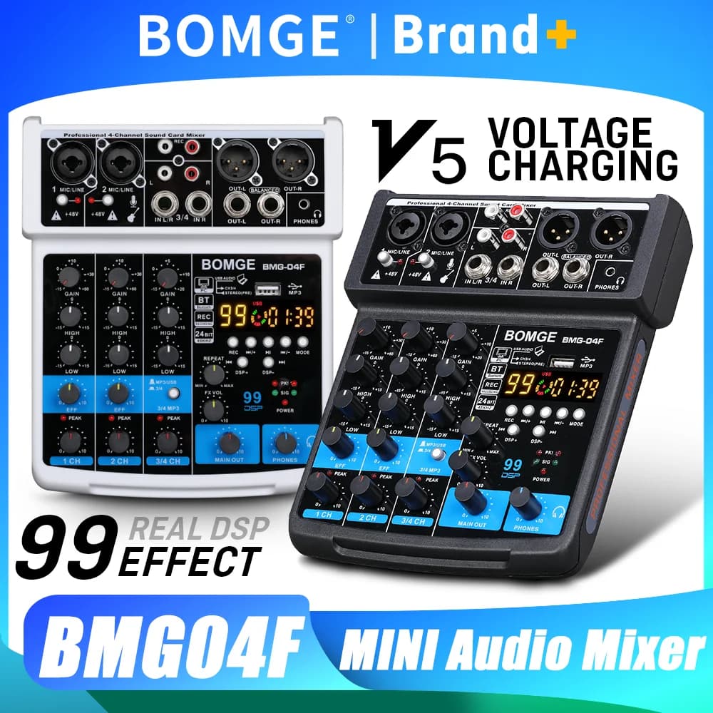 Mixer Audio BOMGE a 4 Canali con 99 DSP, Alimentazione Phantom 48V, USB, Console DJ Bluetooth per Karaoke