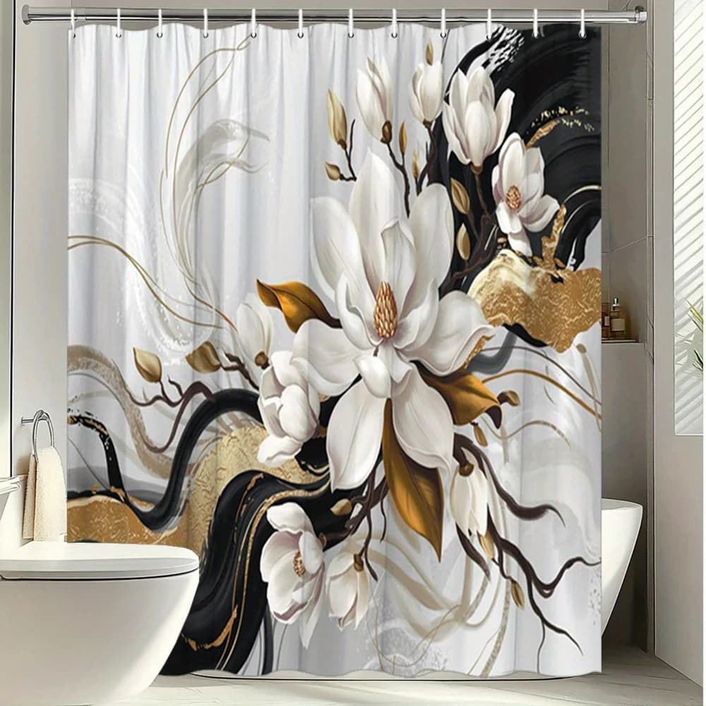 Luxury Abstract Ink Gold Foil White Magnolia Floral Print Shower Curtain Waterproof Mildew Resistant With Plastic Hooks Easy Mou