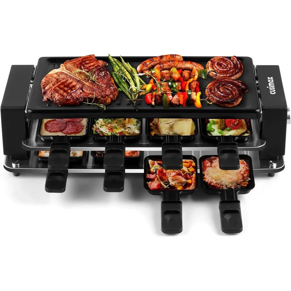 Raclette e Griglia BBQ Elettrica Portatile con Piastra Antiaderente e Controllo della Temperatura Regolabile per 8 Piatti di Formaggio