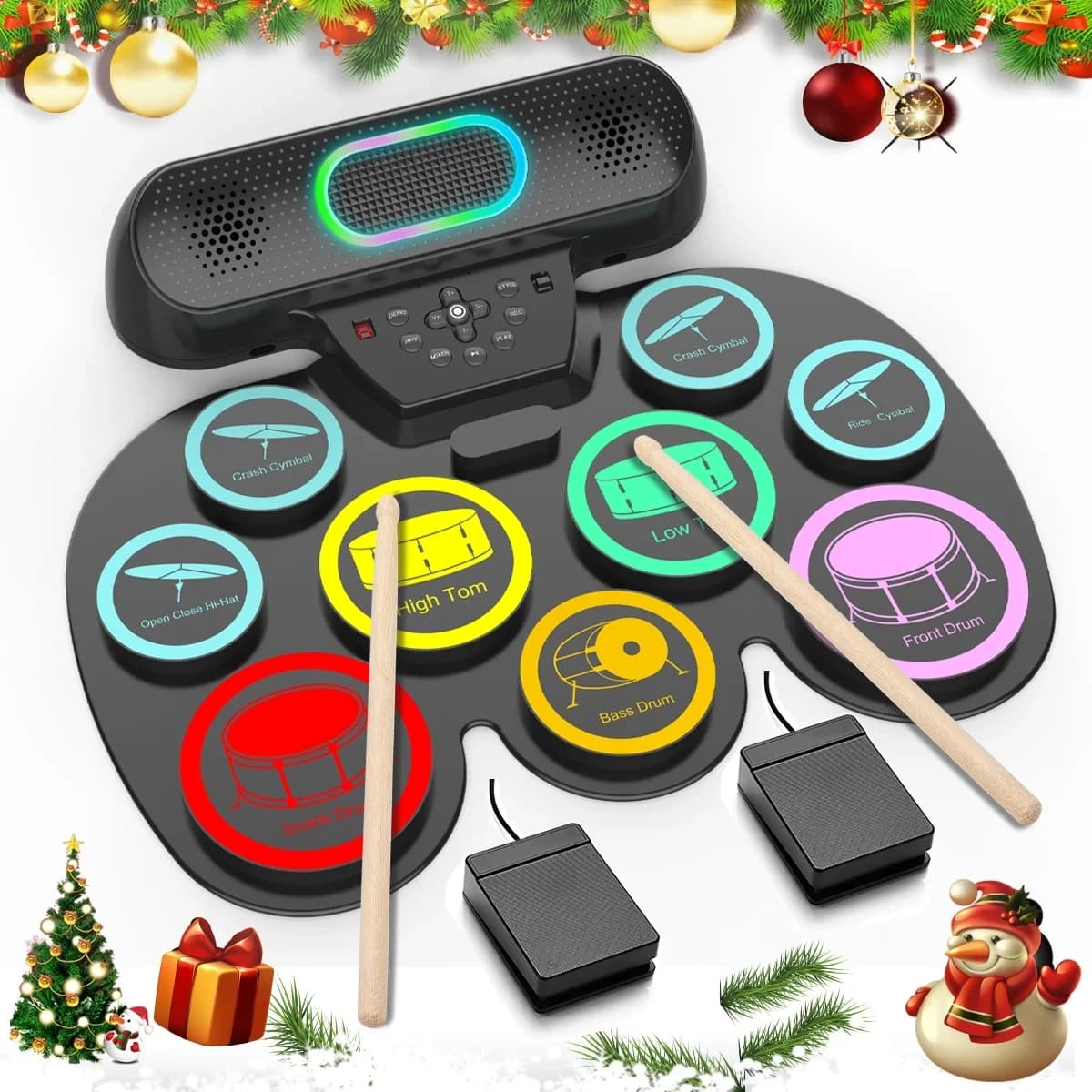 Batteria elettronica per bambini adulti, 9 pad Kit tamburo arrotolabile MIDI portatile con doppi altoparlanti/Jack per cuffie/bacchette/pedali