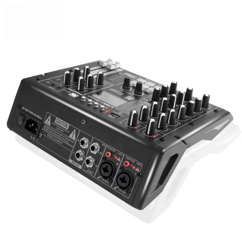 Mixer audio con scheda audio integrata per registrazione e karaoke, multifunzione, compatto e all-in-one.