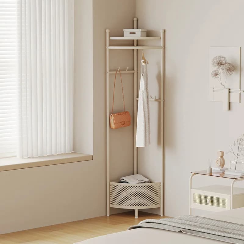 Modern minimalist corner coat rack, cream wind wall corner hanger, metal dirty clothes basket, clothes storage steel frame