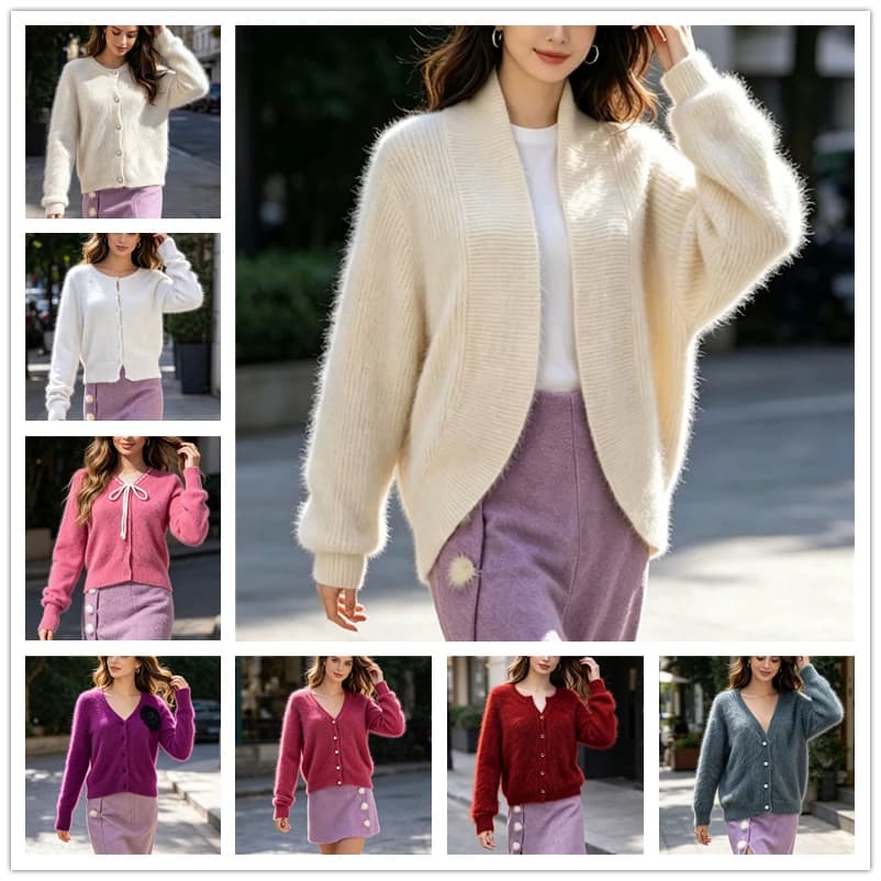 Ladies Women Spring Autumn Clothing Hairy Soft Angora Rabbit Hair Knitted Long Sleeves Short Loose Cardigans Mantle Sweater ull