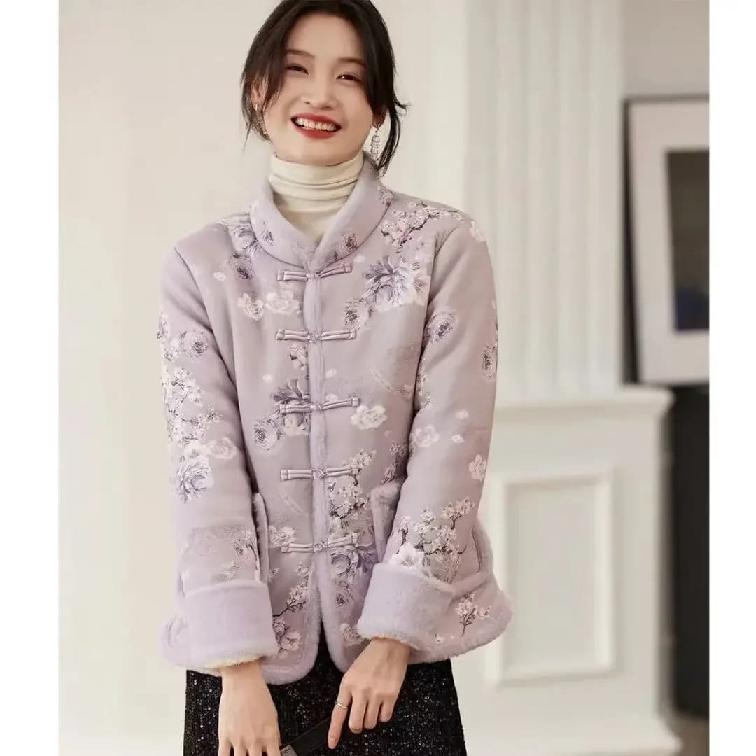 Nuovo Cappotto in Stile Cinese Imbottito in Cotone con Fodera in Pile, Giacca Tang da Donna con Bottoni e Stampa Floreale