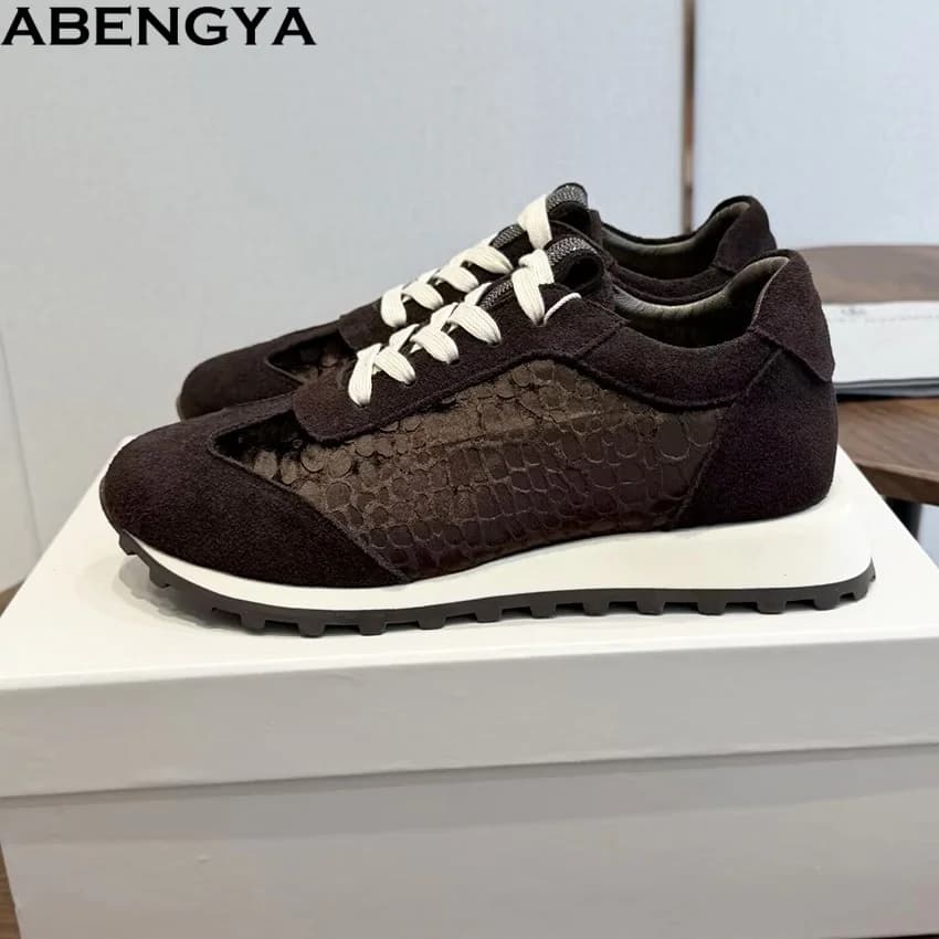 Spring Casual Sneakers Shoes Women Round Toe Lace Up Walking Shoes Suede Leather Patchwork Flat Sports Shoes Woman Run Shoes