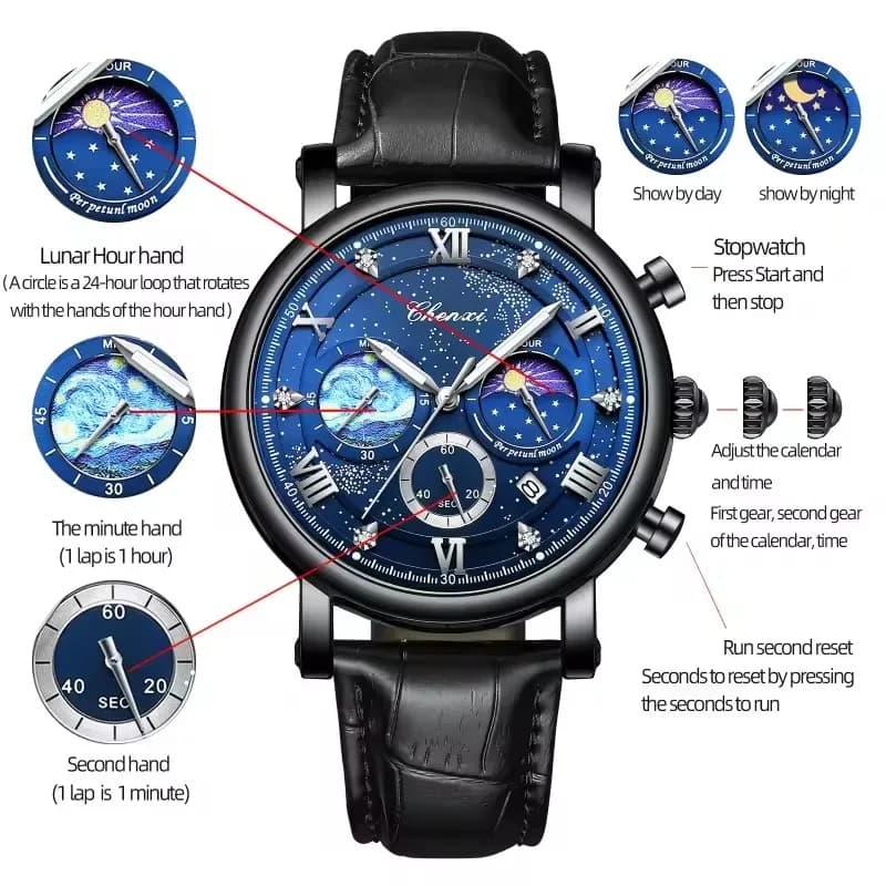 CHENXI 972 Sun Stars Multi-functional Men's Fasi Lunari Temporizzazione Calendar Clock Al Quarzo Man Relógios Masculino