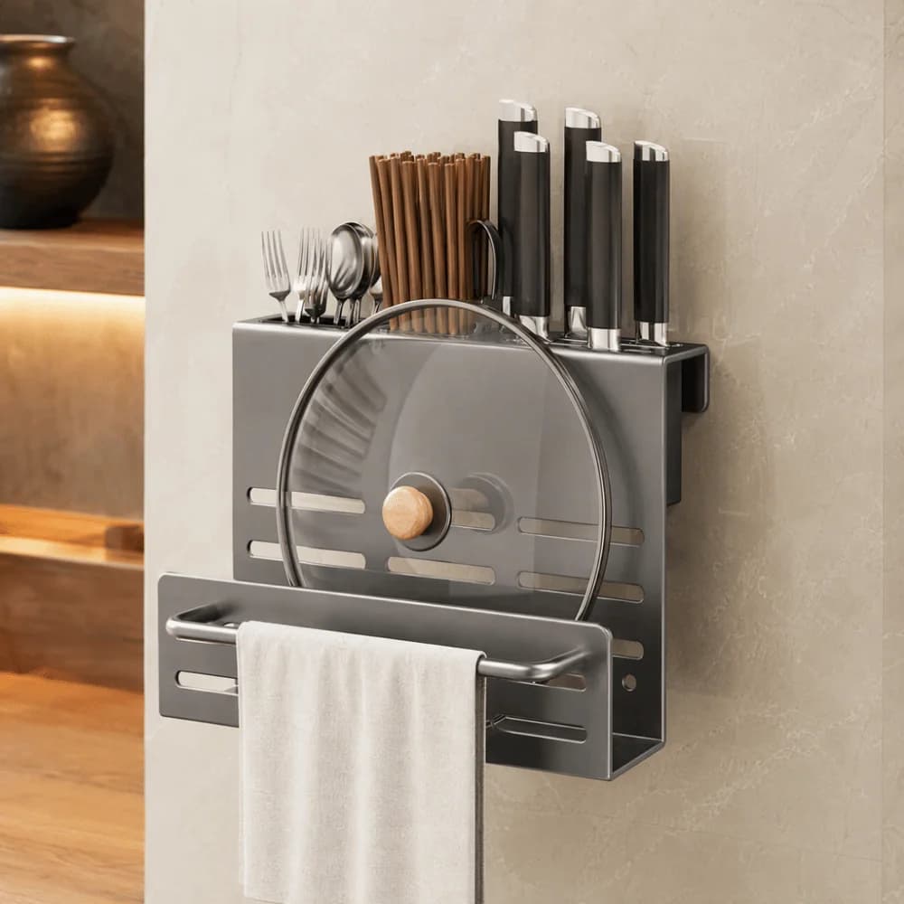Heavy Duty Cutting Board Rack Multifunctional Carbon Steel Wall-Mounted Holder Save Space No Drill Kitchen Rack Indoor Use