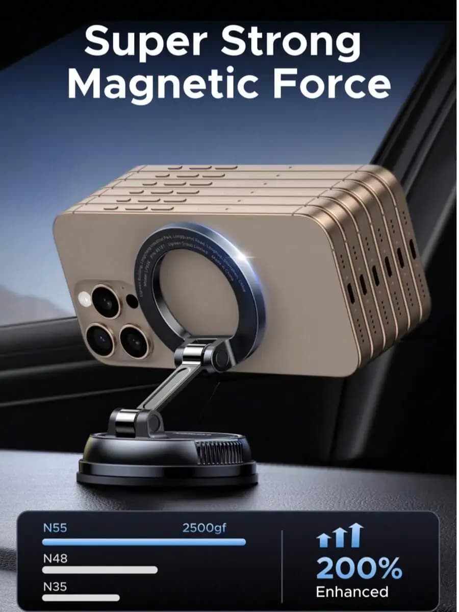 Supporto magnetico premium per telefono da auto con base a ventosa, braccio pieghevole e rotazione a 360° ° Rotazione per iPhone 16/15 Pro Max