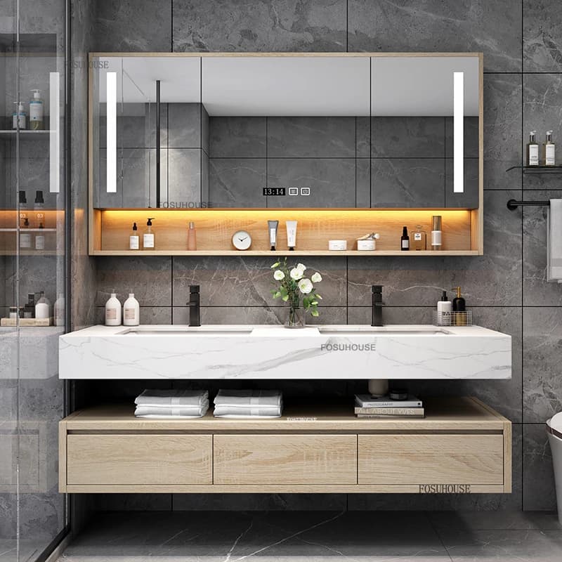 Mobili da Bagno Nordic Rock Board: Armadietti Lusso Leggero, Lavabo, Specchio Smart e Mobile Contenitore in Legno Massello