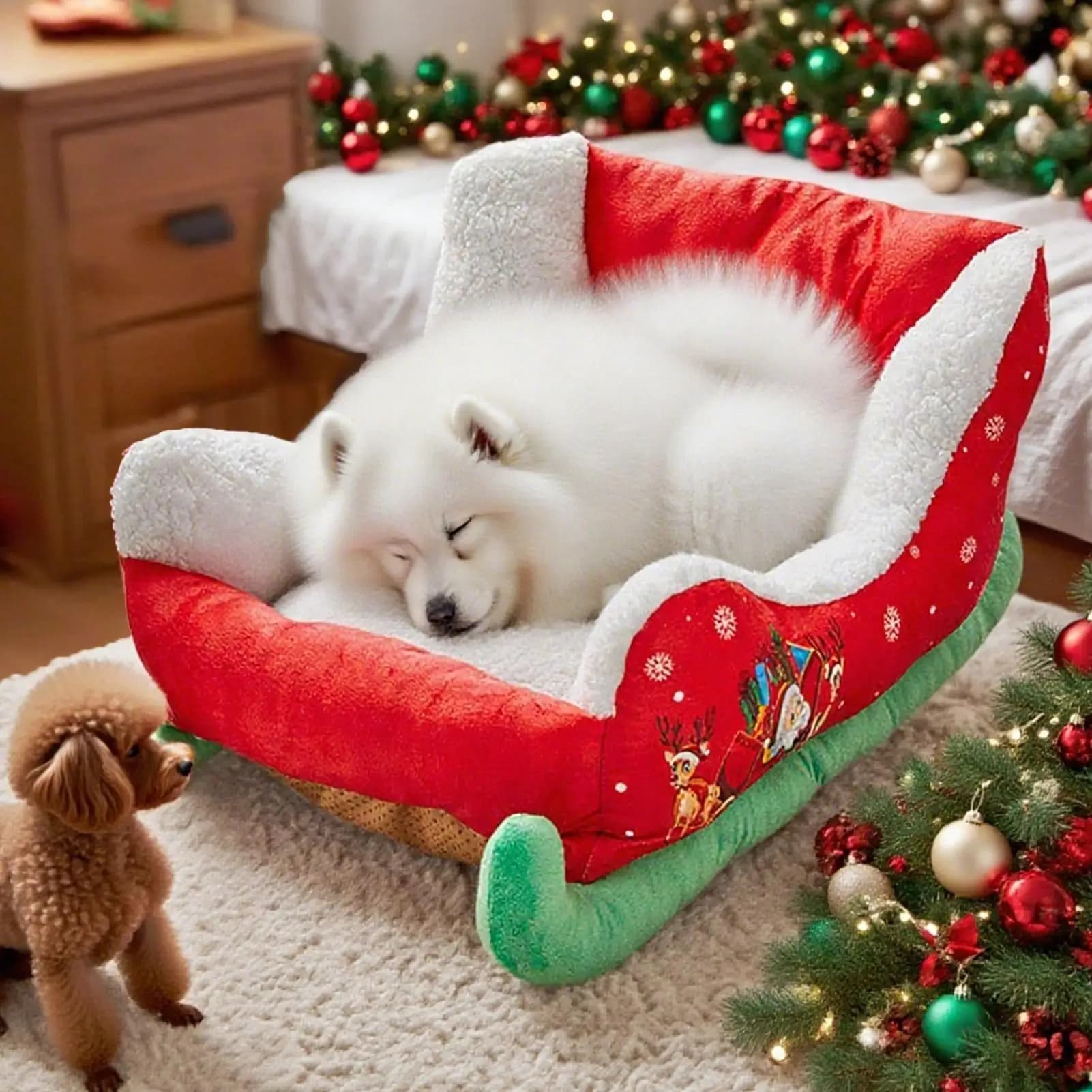 Lettino per cani a slitta natalizia invernale Babbo Natale accogliente nido di peluche gattino cucciolo calmante e materassino per feste al coperto
