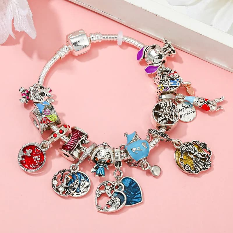 Fine Disney Stitch Charm Bracelet for Women Jewelry Alice in Wonderland Cheshire Cat Beads Jasmine Belle Princess Pendant Bangle