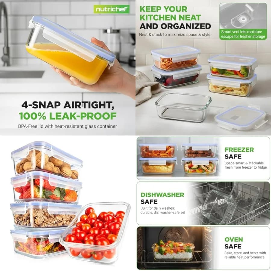 Set di 10 Contenitori in Vetro per Alimenti con Coperchi, 30 oz, Contenitori Riutilizzabili Ermetici per Preparazione Pasti e Conservazione Cibo