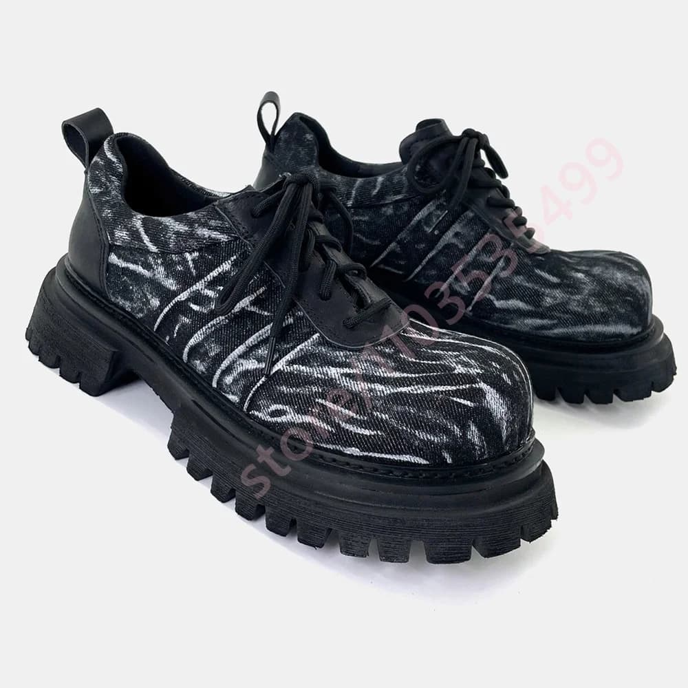2026 Unisex Tie-Dye Denim Platform Derby Shoes Retro Chunky Heel Lace-Up Thick Sole Casual Gothic Streetwear Footwear