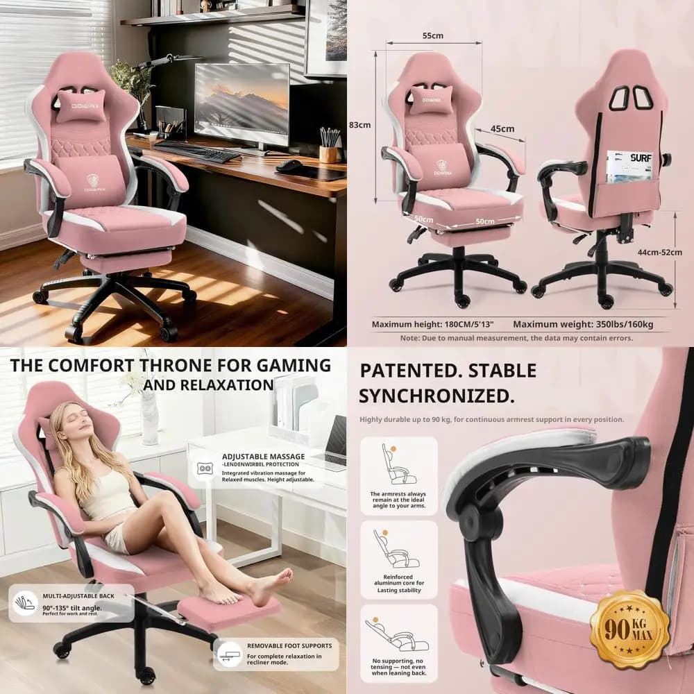 Sedia da Gaming in Tessuto Traspirante con Cuscino in Gel, Borsa Portaoggetti e Poggiapiedi, Sedia Ergonomica Rosa per Computer