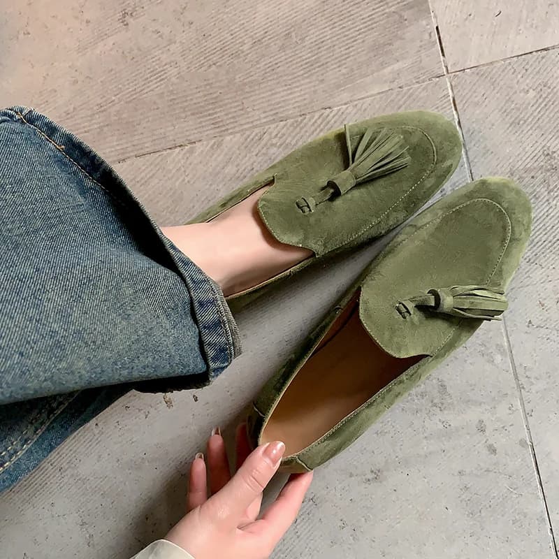 Women Flats Korea Style Simple Flat Shoes Genuine Leather Lady Mules Spring Autumn Women Fringe Flats Round Toe Loafers