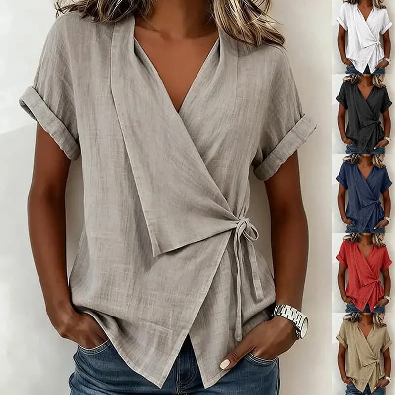 2026 Summer Women Cotton Linen Wrap Blouse V Neck Short Sleeve Tie Waist Casual Solid Color Loose Shirts Tops
