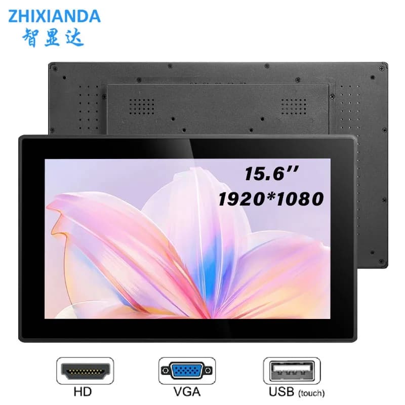 ZHIXIANDA 15.6'' 1080p LCD Capacitive Touch Waterproof Flat Screen Display Industrial Grade Metal Case Monitor with HDMI VGA USB