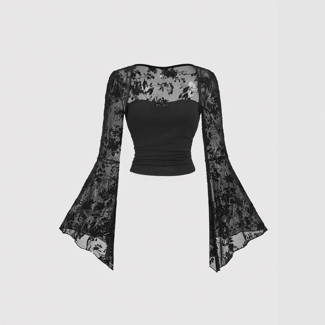 Gothic Sexy Lace Mesh Flared Long Sleeve Smock Y2K Vintage Black See Through Cover-ups T-Shirts Grunge Summer Women Streetwear