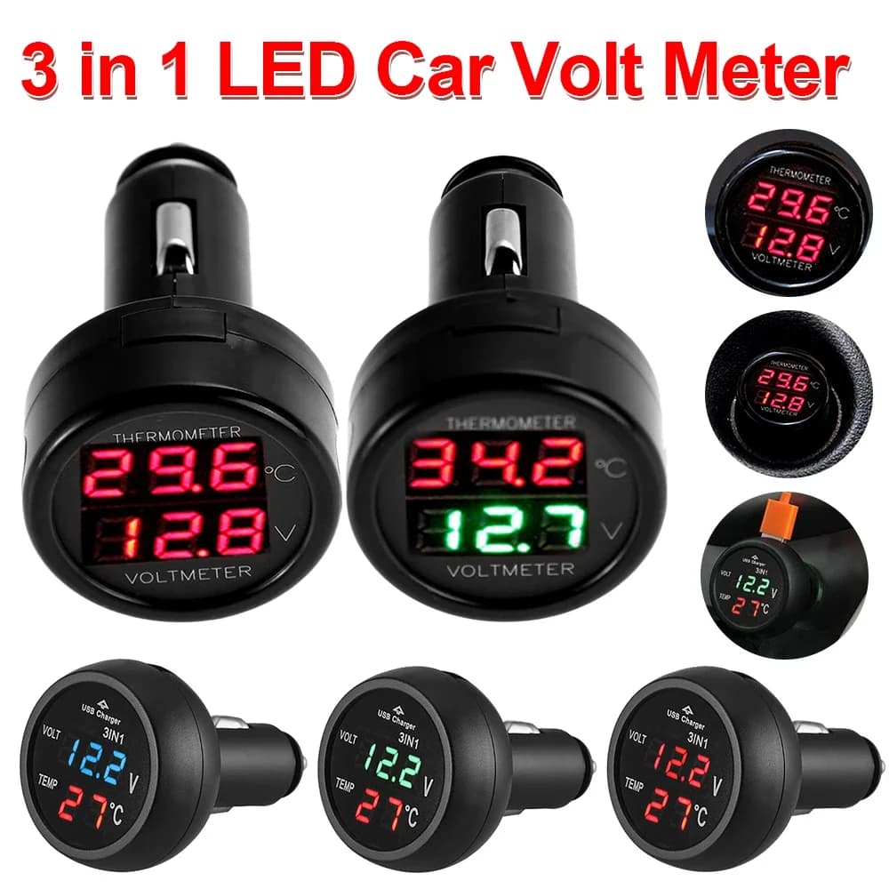 3 in 1 12/24V voltmetro per auto con Display a LED digitale caricatore di ricarica USB misuratore di temperatura voltmetro caricabatterie accendisigari