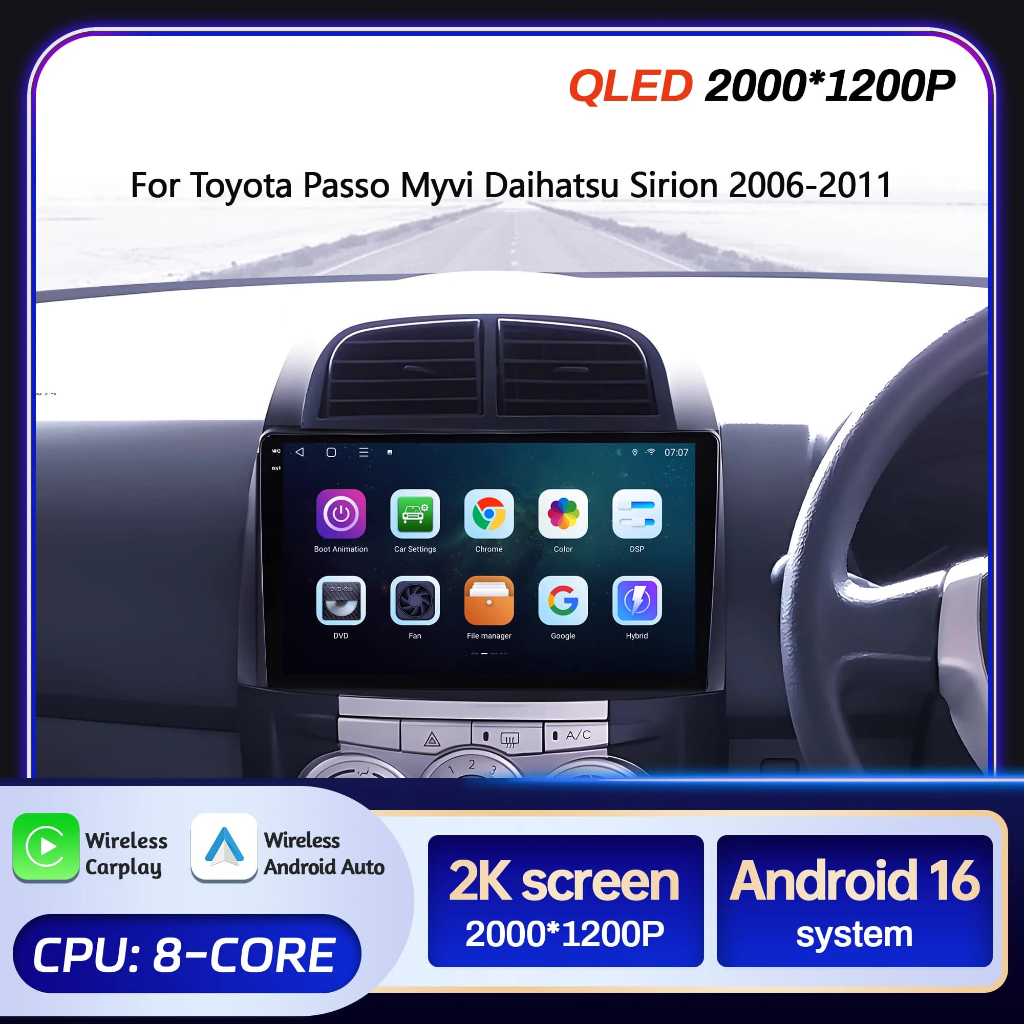 10" For Toyota Passo Myvi Daihatsu Sirion 2006-2011 Car Multimedia Radio Android 16 System Carplay Android Auto 2K QLED Screen