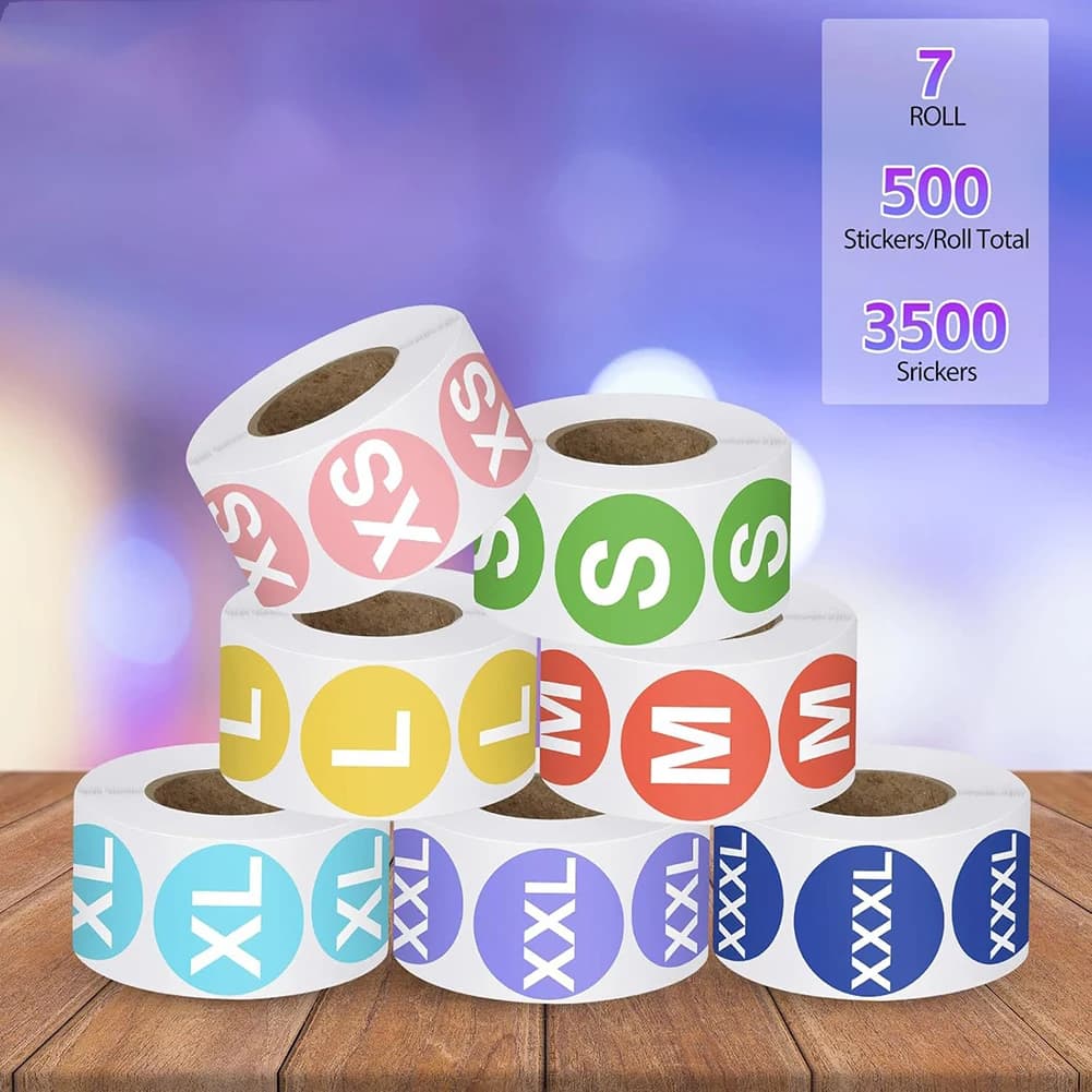 7 Roll 500Pcs Sticker Label Holder Colored Label Removable Strong Adhesion XS-XXXL For T-shirts Clothing Gloves Shoes Hats