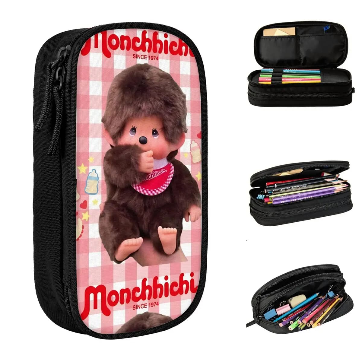 Astucci per matite Monchhichi carini, astucci portapenne per bambini, borse portaoggetti grandi, regali scolastici per studenti, cancelleria