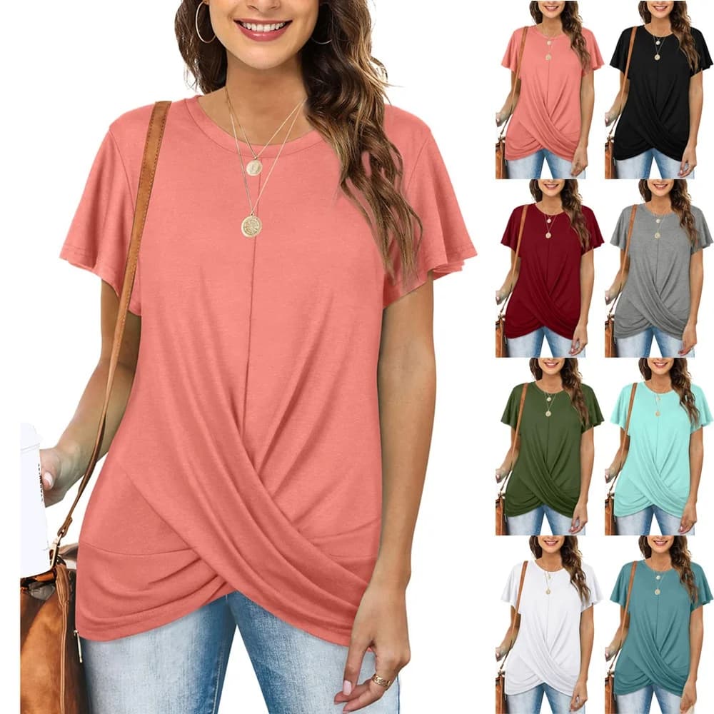 Women's round Neck Pure Color Knot Short Sleeve T-shirt Comfortable Breathable Cotton Casual Citywalk Top for Middle-aged