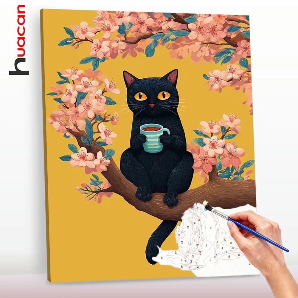 Huacan Cat Paint By Numbers Oil Painting By Number Flower HandPainted On Canvas Craft Kit Wall Decoration