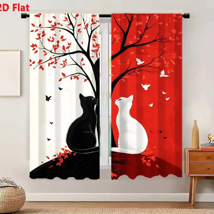 2Pcs Curtains 2D Flat Stylized Digital Illustration Of Two Cats Sitting Back-To-Back Beneath A Large Bare Tree With Contrasting