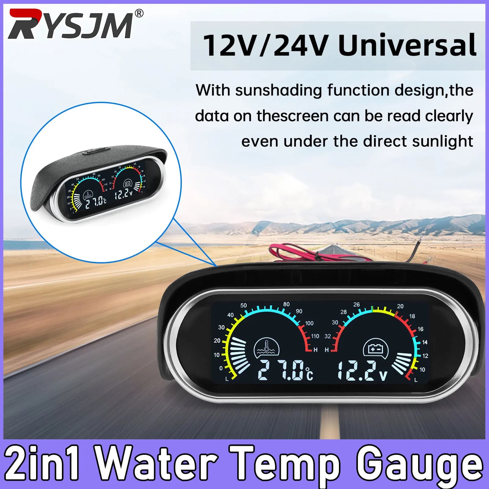 12V 24V Water Temperature Gauge 2 IN 1 Car Truck LCD Gauge Voltmeter With 1/8 NPT Temp Sensor Water Temp Meter for Auto Cars