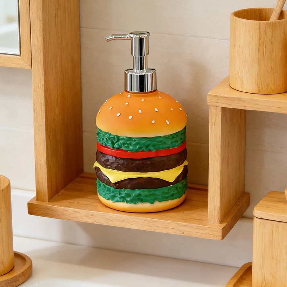 Dispenser di Sapone a Forma di Hamburger, Contenitore in Resina per Sapone Liquido, Accessorio per Lavello Cucina e Bagno, Porta Shampoo