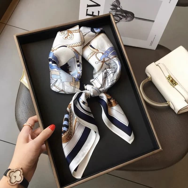 Symmetric Nautical Anchor Print Silk Square Scarf Anti Fade Rolled Edge Multi Use Decor for Commute Travel Party Gift for Female