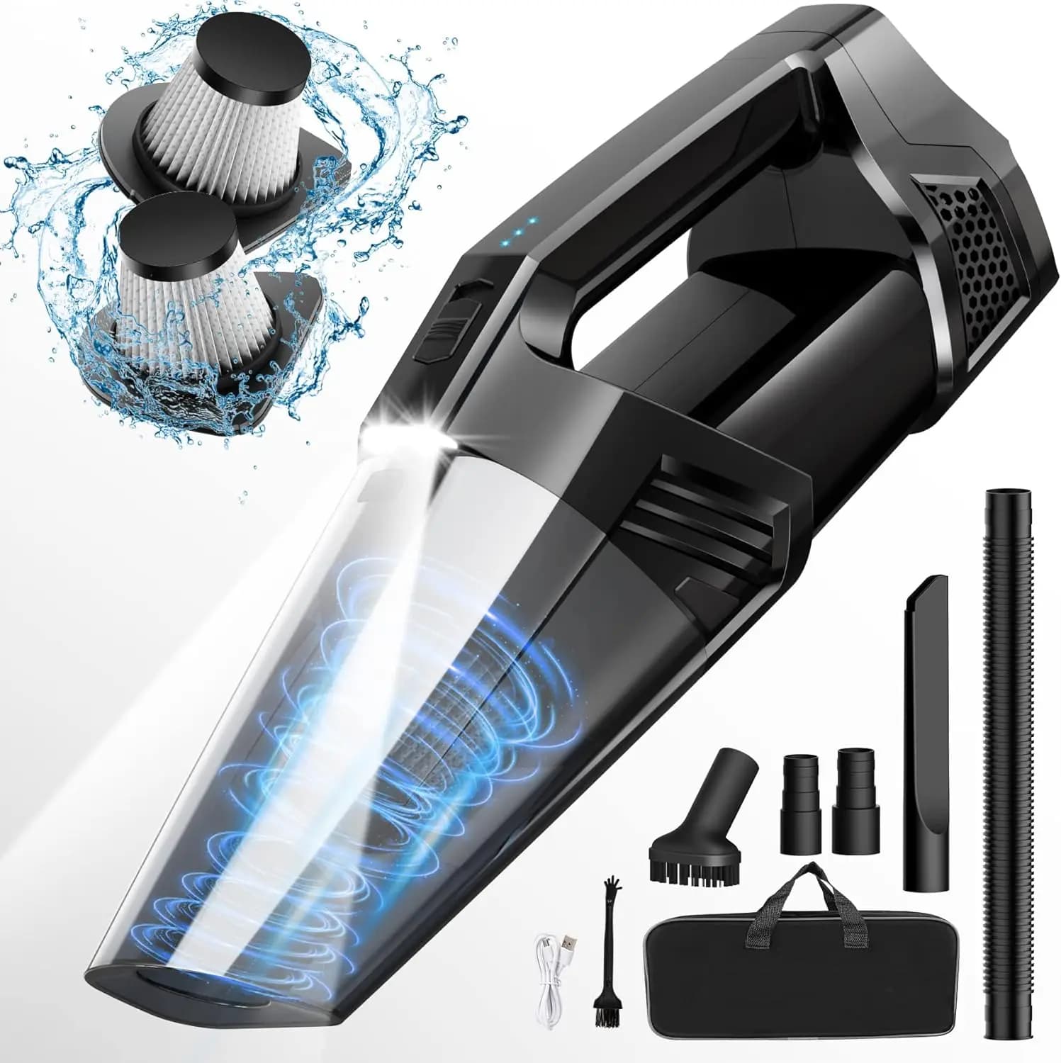 Aspirapolvere Portatile Senza Fili con Luce LED, Aspirazione 9kPa, 3-in-1, Leggero Ricaricabile per Auto Casa Peli di Animali, Nero