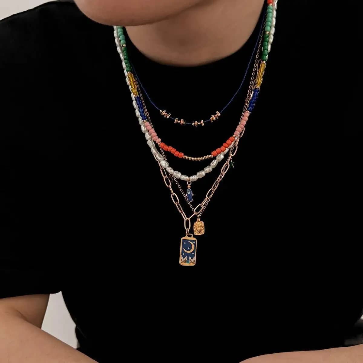 KunJoe 5Pcs/Set Charm Boho Star Moon Pendant Necklace Men Trendy Irregular Colorful Rice Beads Clavicle Chain Jewelery Accessory