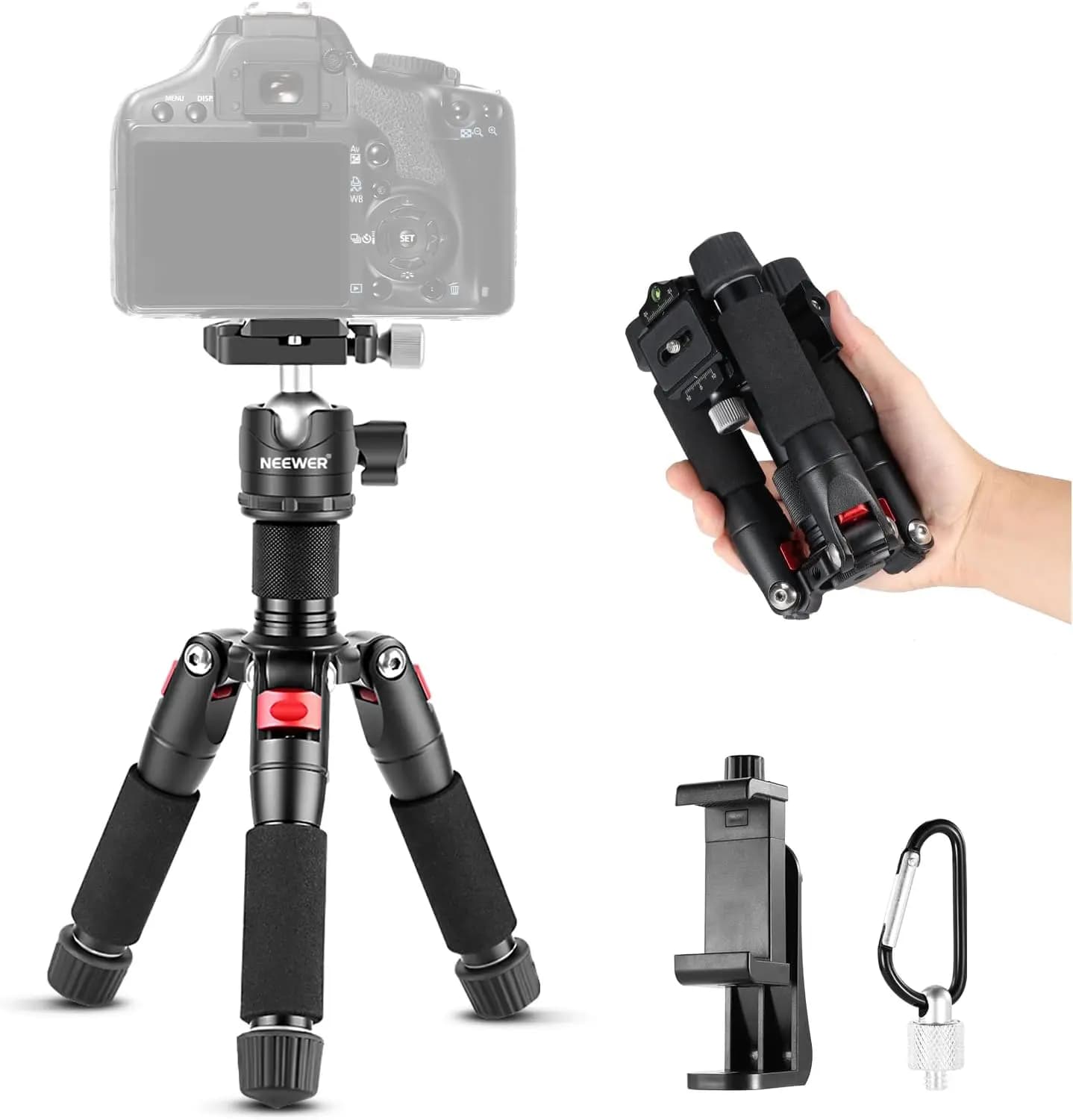 Mini treppiede da scrivania per fotocamera con supporto per telefono, supporto portatile da 20 pollici per la registrazione video, 360° ° Testa a sfera