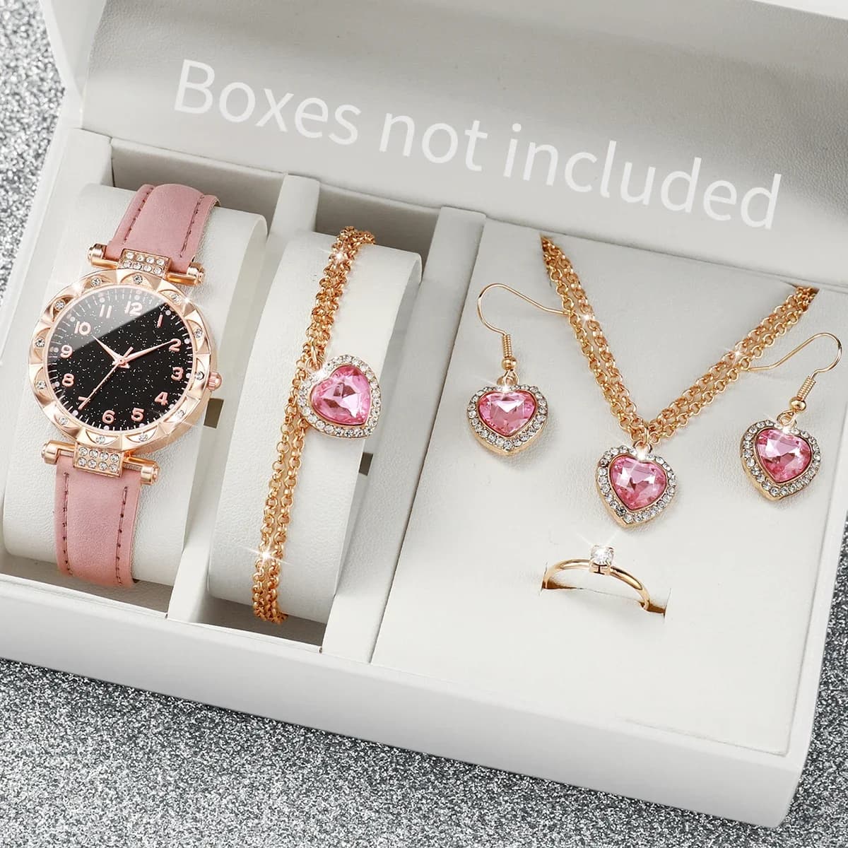 Set di 6 Orologi da Donna con Motivo Cielo Stellato, Analogici con Cinturino in Pelle, Orologio al Quarzo con Diamanti e Cuore, Set di Gioielli