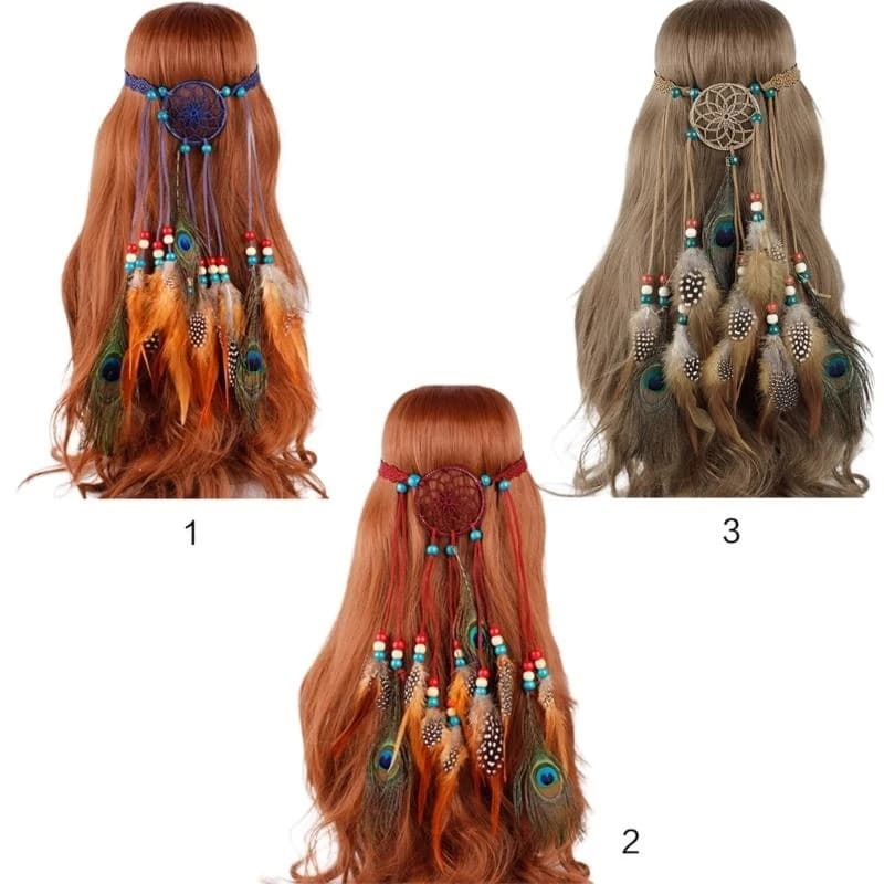 49MC Hippie Bohemian Women Dreamcatcher Headband Indian Colored Beaded Artificial Pea