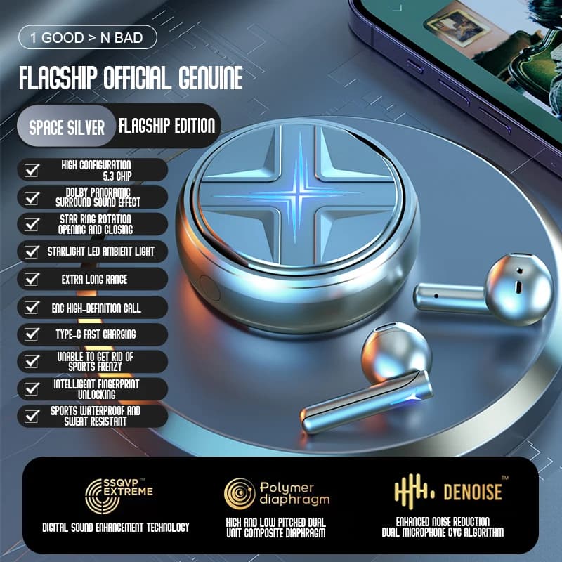 Soleeanre Cuffie wireless Auricolari Cuffie sportive Anello in alluminio Auricolari da gioco in lega metallica Effetto luce Starburst