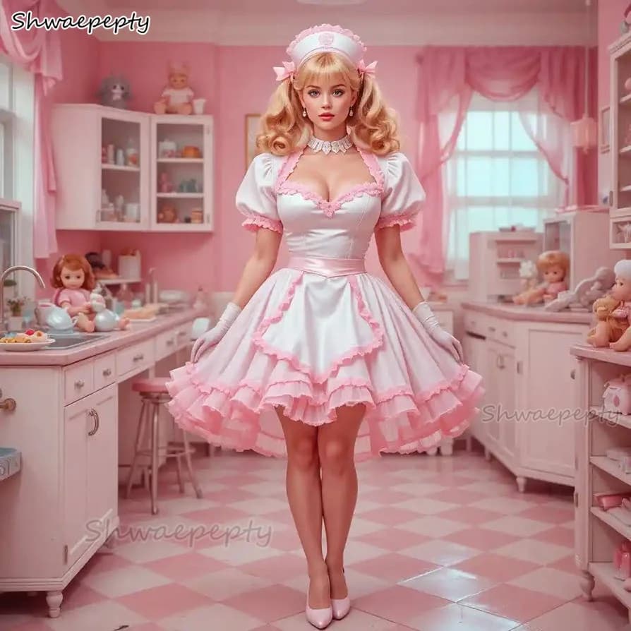 Abito da festa corto cosplay Bianco e rosa A-Line Abito corto da cameriera Abito da ballo con scollo a cuore Maniche a sbuffo Costume dolce personalizzato