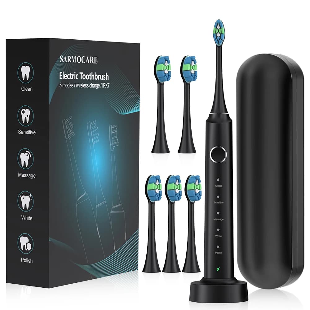 Sonic electric toothbrush for adults with intelligent timer, tooth whitening brush, IPX7 waterproof, set with 6 replaceable heads