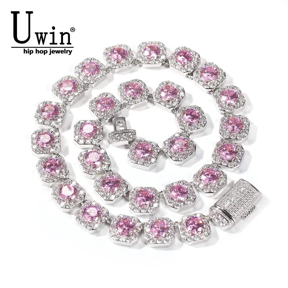 Uwin 12mm Cluster Bracciale Collana Iced Out Bling Rosa Viola Giallo Quadrato Baguettecz Pavimentato Catena a maglie Gioielli Hiphop per il regalo