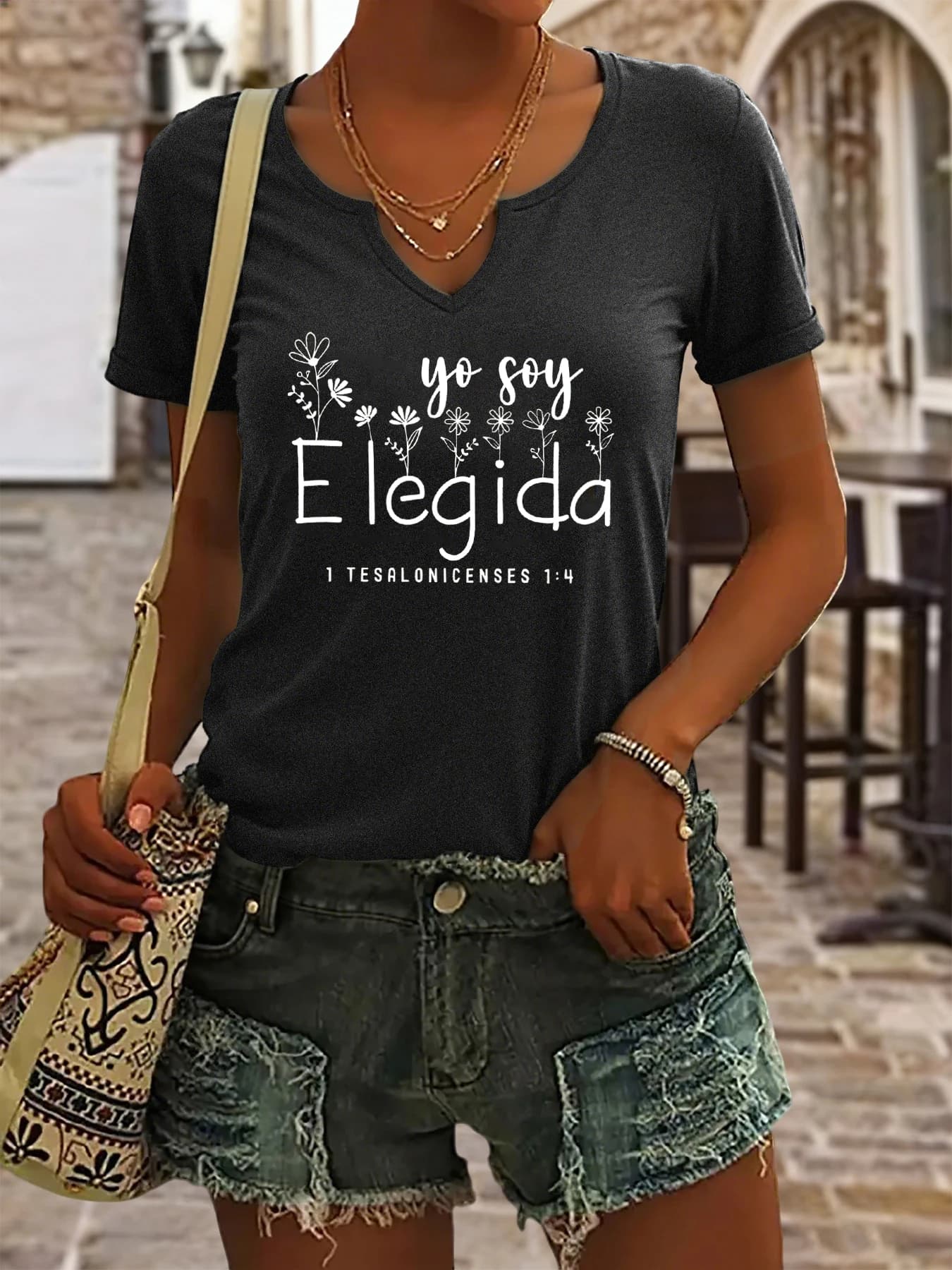 T-shirt estiva da donna a maniche corte con scollo a V, stampa con scritta spagnola "Yo Soy Elegida", top casual con stampa di scritture cristiane
