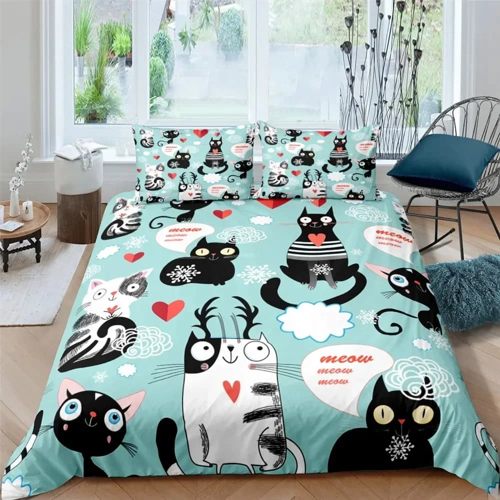 Cartoni animati Simpatico gatto Copripiumino Copripiumino in poliestere Federa Ragazzo Ragazza Animali adorabili Set biancheria da letto King Queen Full Size