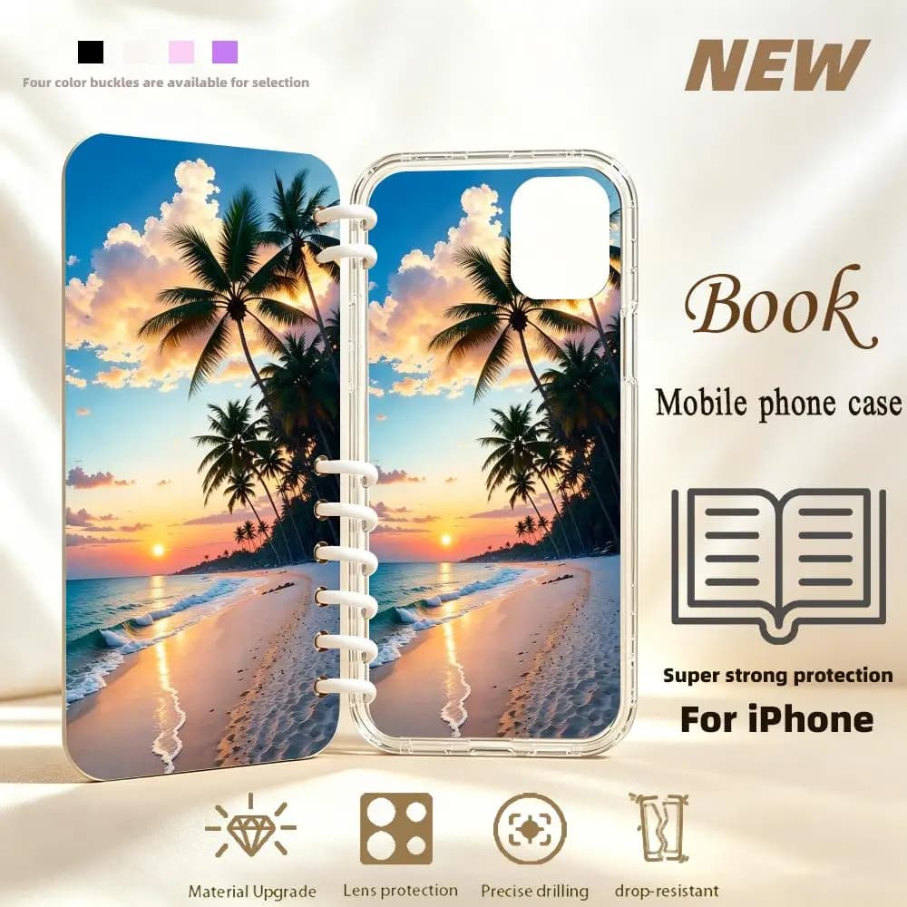 Tropical sunset beach Book-style All-inclusive phone case for iPhone 17、16、15、14、13、12、11pm Pro Plus Double-sided Dropresistant
