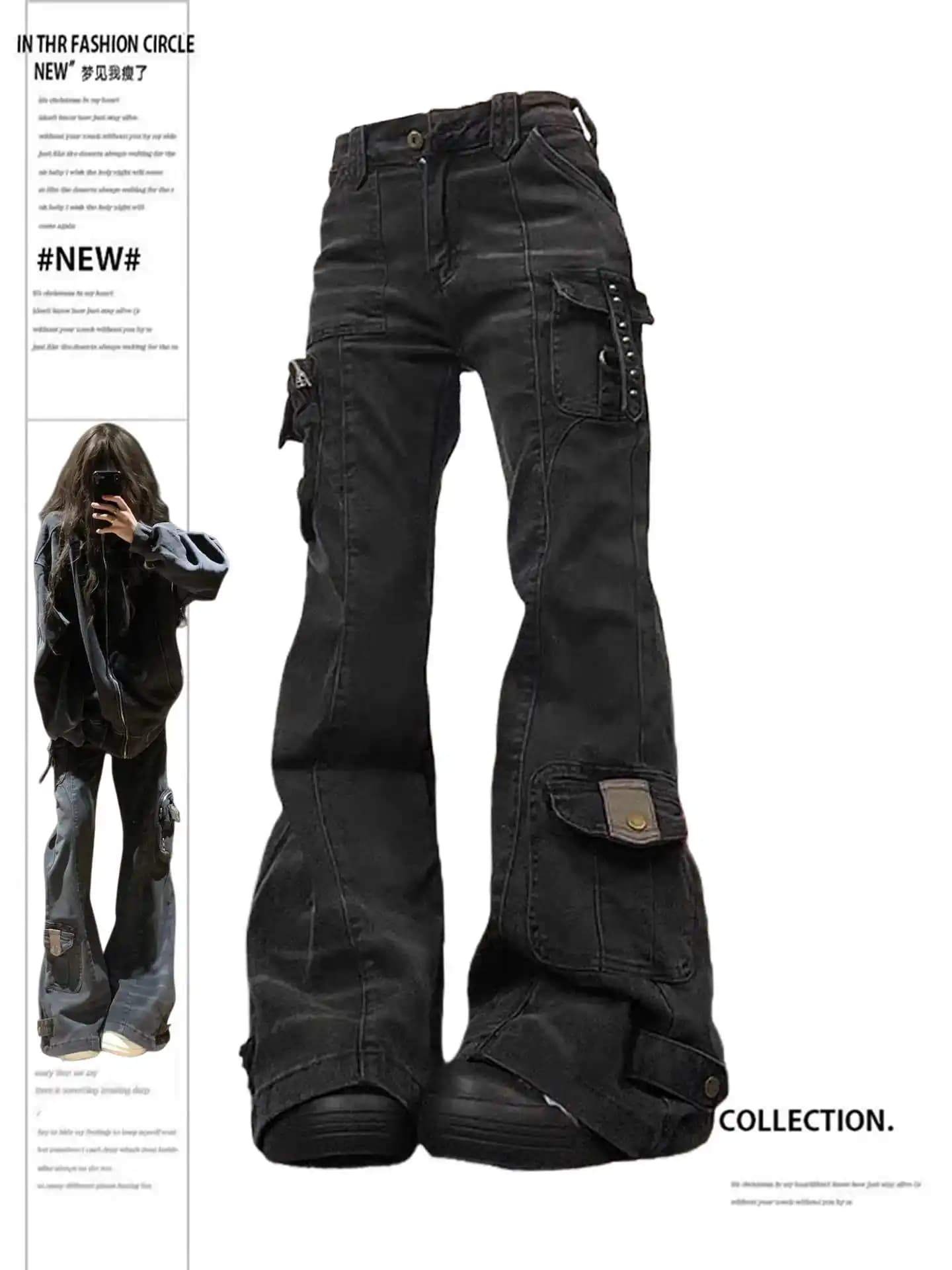 Jeans cargo a zampa d'elefante da donna Pantaloni in denim a vita bassa giapponesi Harajuku Abi Y2k Bell Bottom American Retro High Street Dark Academia